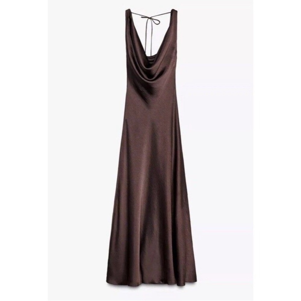 Zara Brown Satin Cowl-Back Maxi Dress